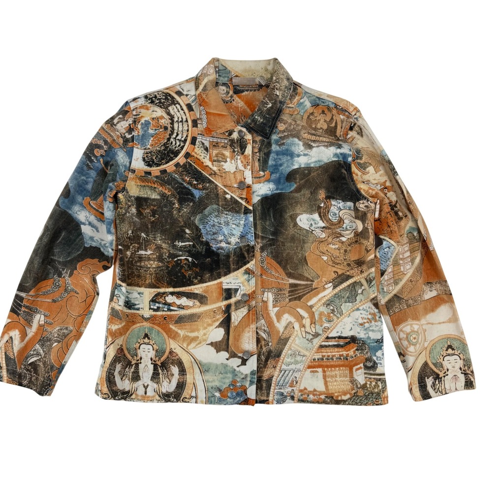 Vintage Y2K‎ Chico's Buddha 100% Cotton Denim Jacket Size Large Orange Blue
